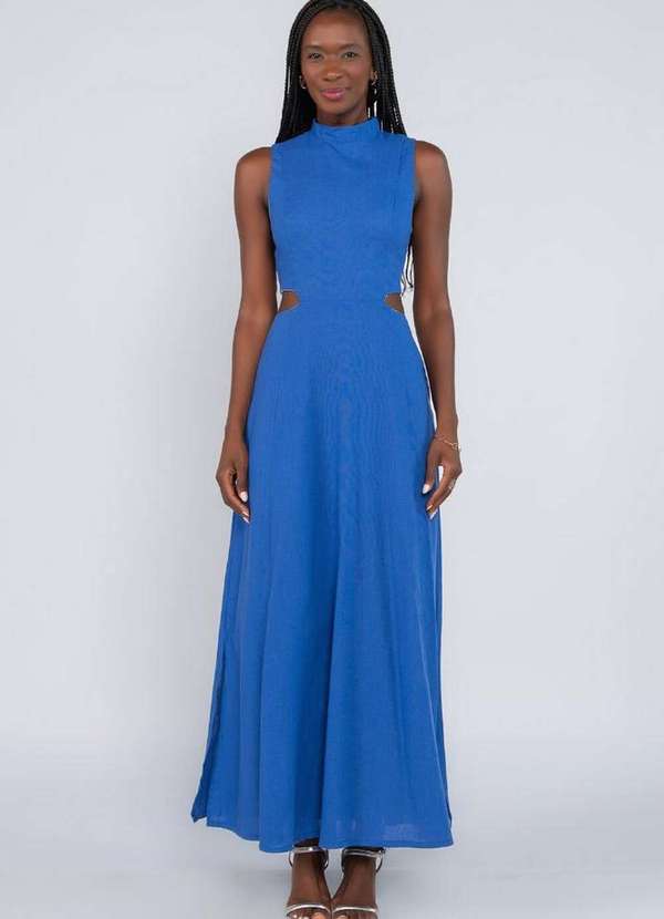 Lamis - Vestido Longo em Linho com Recortes Cintura Azul 2