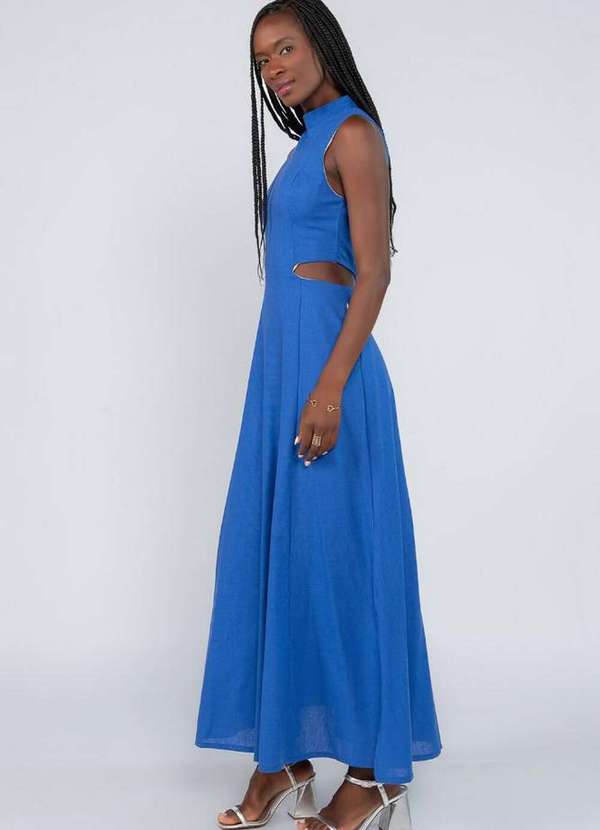 Lamis - Vestido Longo em Linho com Recortes Cintura Azul 3