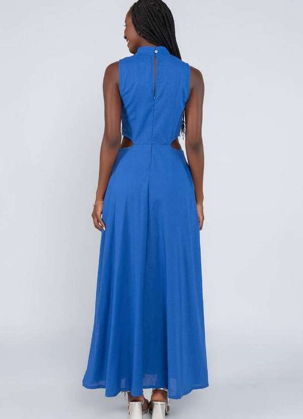 Lamis - Vestido Longo em Linho com Recortes Cintura Azul 4