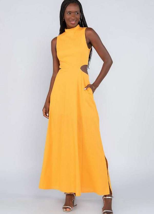 Lamis - Vestido Longo em Linho com Recortes Cintura Laranja 2