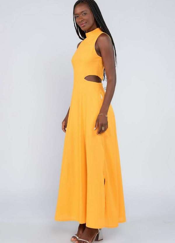 Lamis - Vestido Longo em Linho com Recortes Cintura Laranja 3