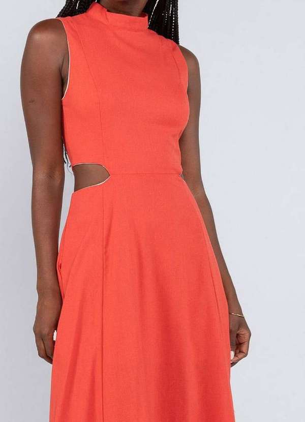 Lamis - Vestido Longo em Linho com Recortes Cintura Vermelho