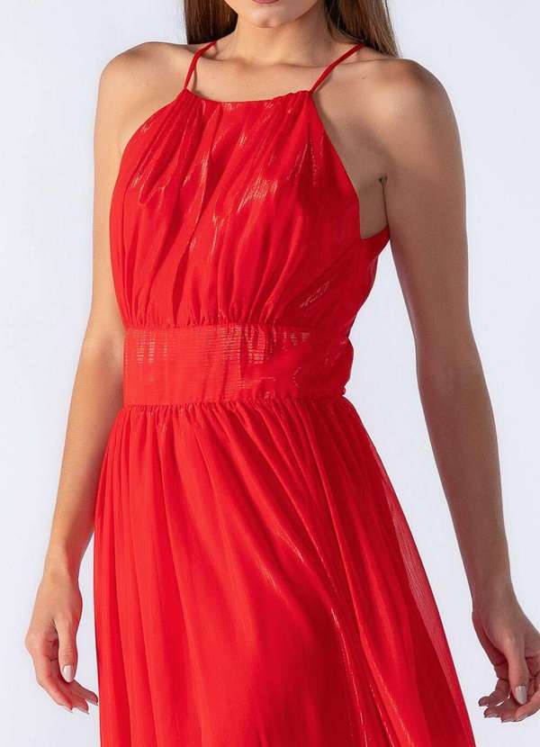 Lamis - Vestido Longo em Lurex com Decote Franzido Vermelho 3