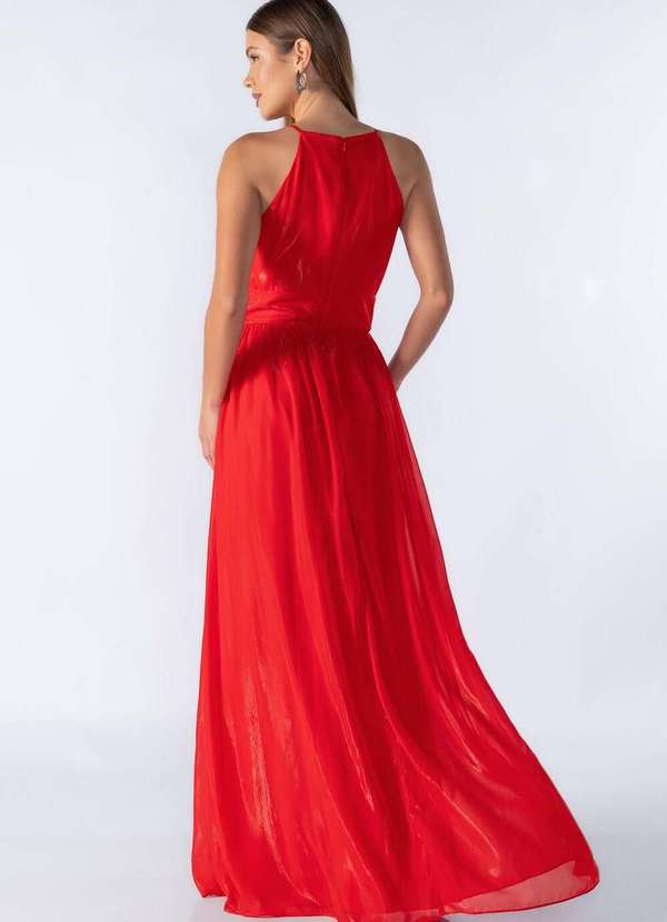 Lamis - Vestido Longo em Lurex com Decote Franzido Vermelho 4