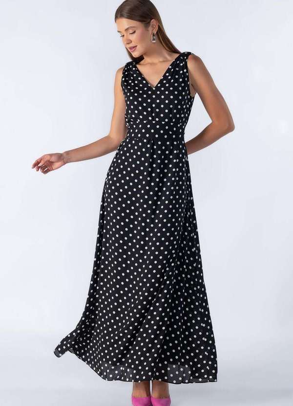 Lamis - Vestido Longo em Poa com Decote em V Preto