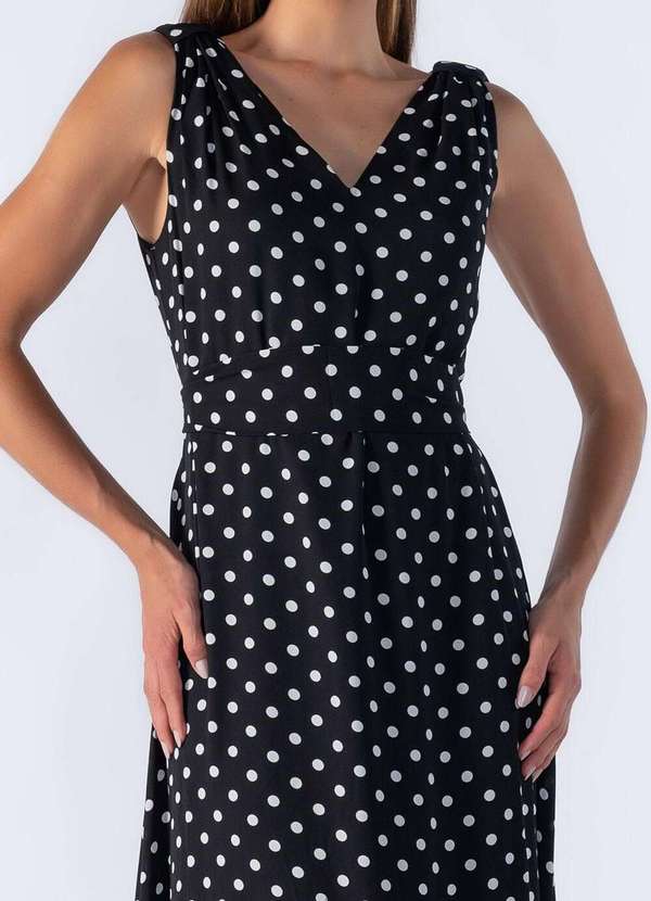 Lamis - Vestido Longo em Poa com Decote em V Preto 2