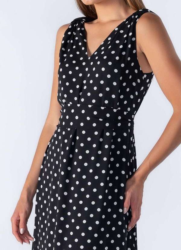 Lamis - Vestido Longo em Poa com Decote em V Preto 3