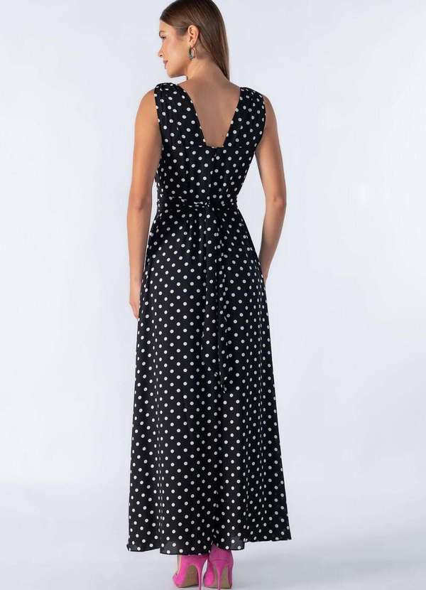 Lamis - Vestido Longo em Poa com Decote em V Preto 4