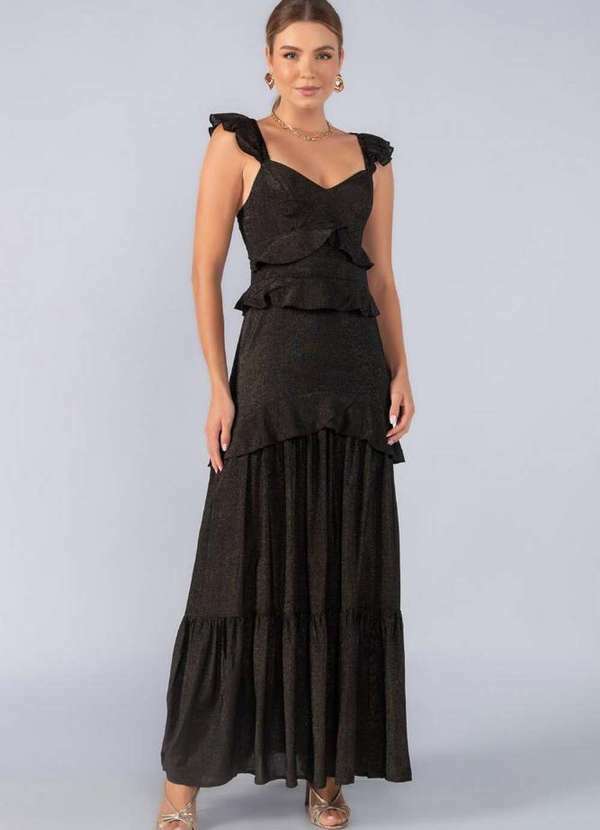 Lamis - Vestido Longo em Viscose com Babado Preto