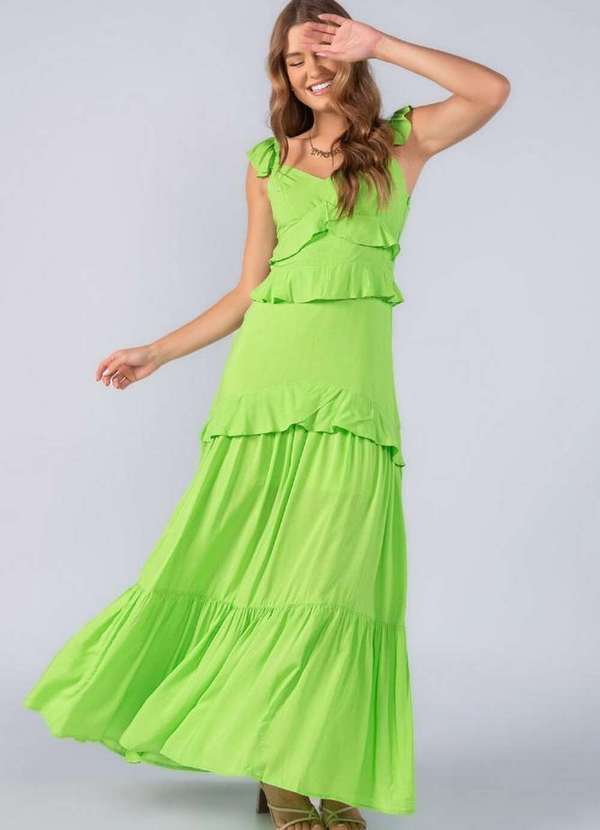 Lamis - Vestido Longo em Viscose com Babado Verde 3