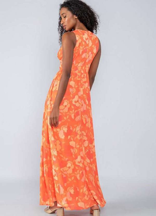 Vestido Longo Estampado Decote V com Pala Laranja Lamis