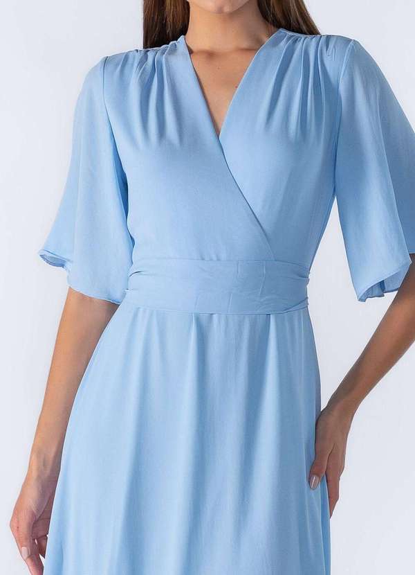 Lamis - Vestido Longo Manga Curta Decote em V com Faixa Azul 2