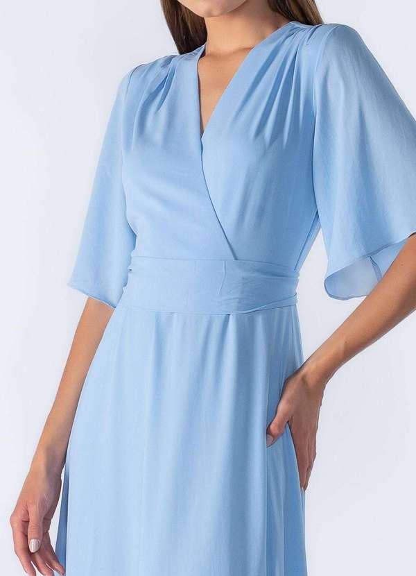 Lamis - Vestido Longo Manga Curta Decote em V com Faixa Azul 3