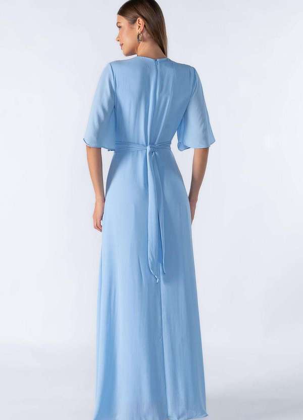 Lamis - Vestido Longo Manga Curta Decote em V com Faixa Azul 4