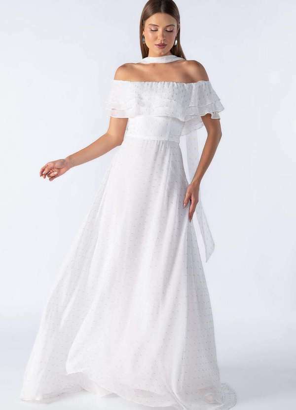 Lamis - Vestido Longo Ombro a Ombro com Babados Branco