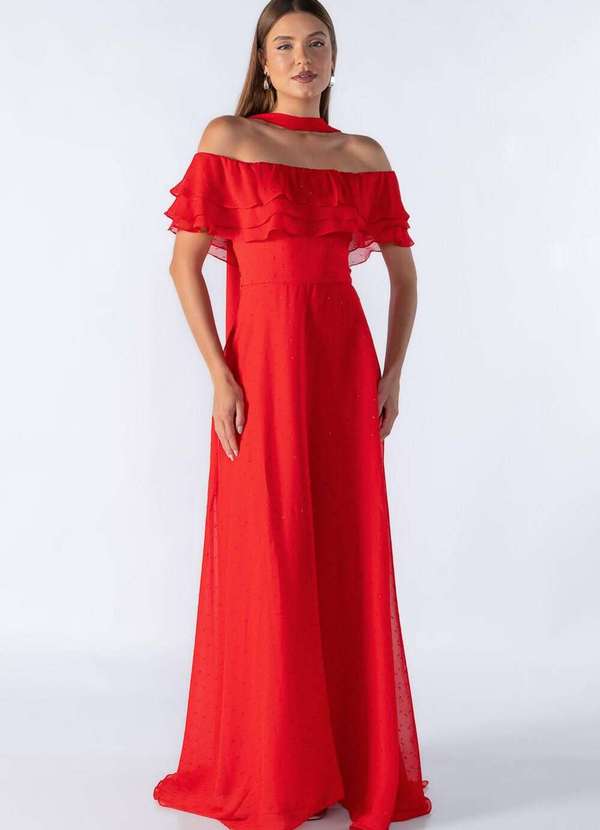 Lamis - Vestido Longo Ombro a Ombro com Babados Vermelho 2