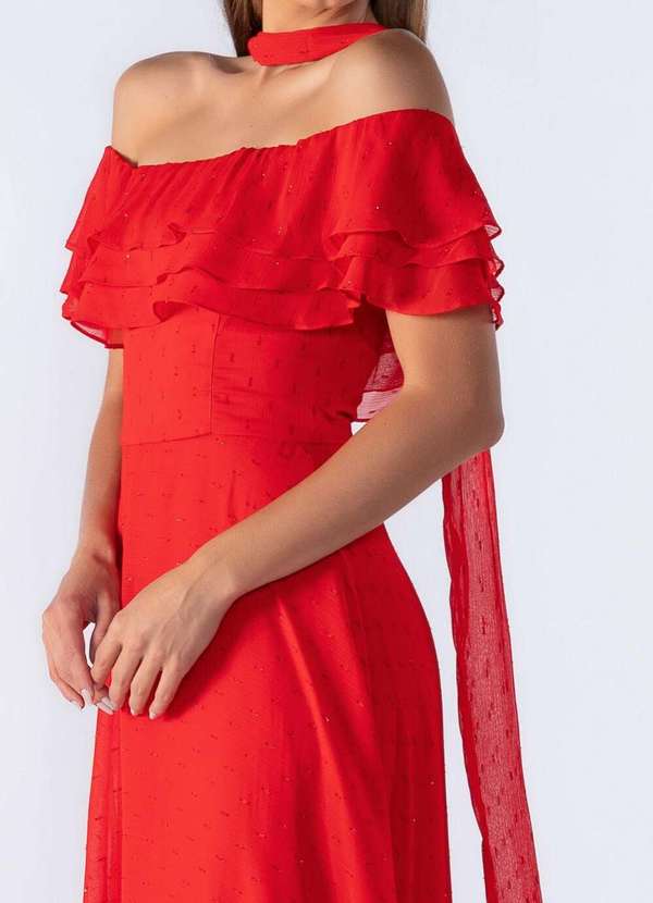 Lamis - Vestido Longo Ombro a Ombro com Babados Vermelho 3