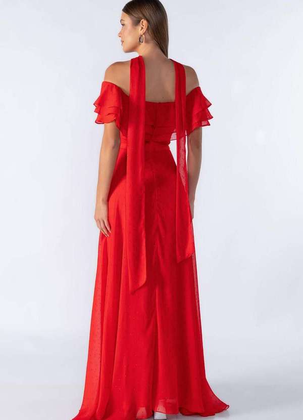 Lamis - Vestido Longo Ombro a Ombro com Babados Vermelho 4