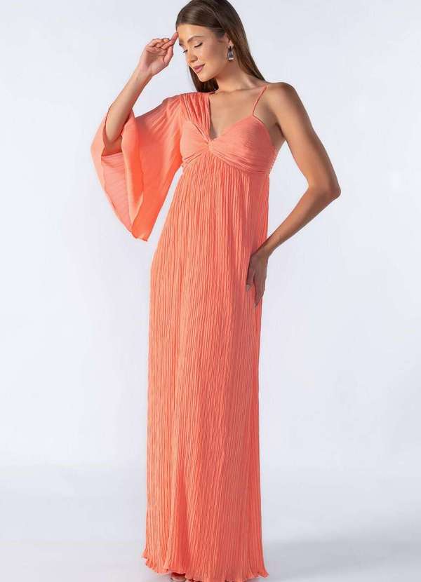 Lamis - Vestido Longo Plissado Manga Nula Salmao 3