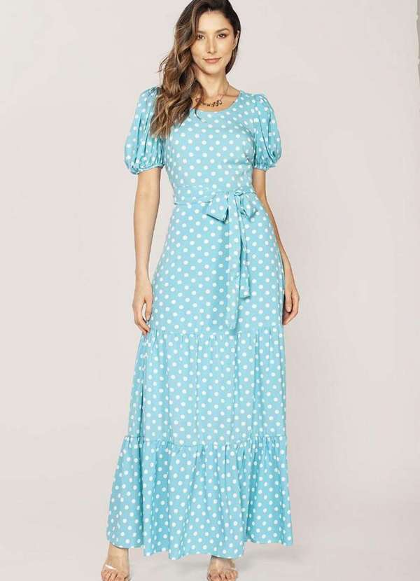 Lamis - Vestido Longo Poa Ajuste nas Costas Babado 3 Marias Azul