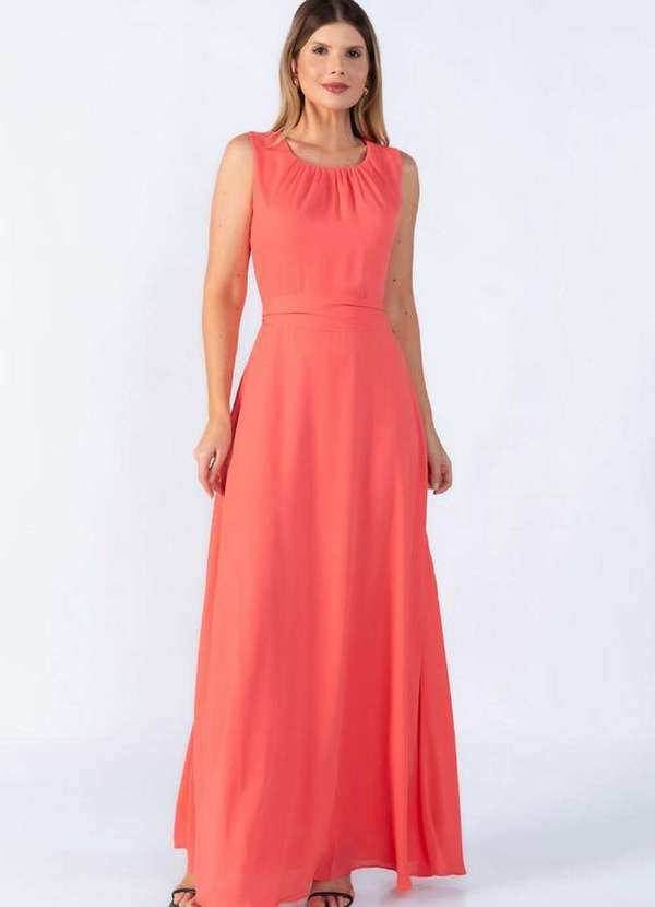 Lamis - Vestido Longo Poliester Gola Franzida Goiaba