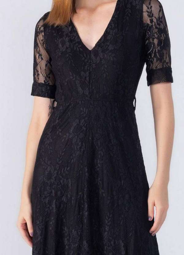 Lamis - Vestido Longo Renda Manga Curta Preto