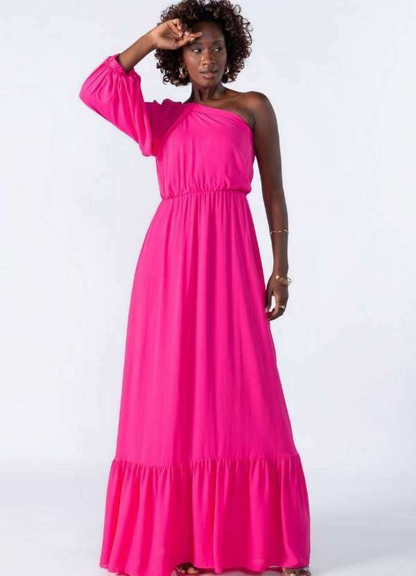 Lamis - Vestido Longo um Ombro com Babado Rosa