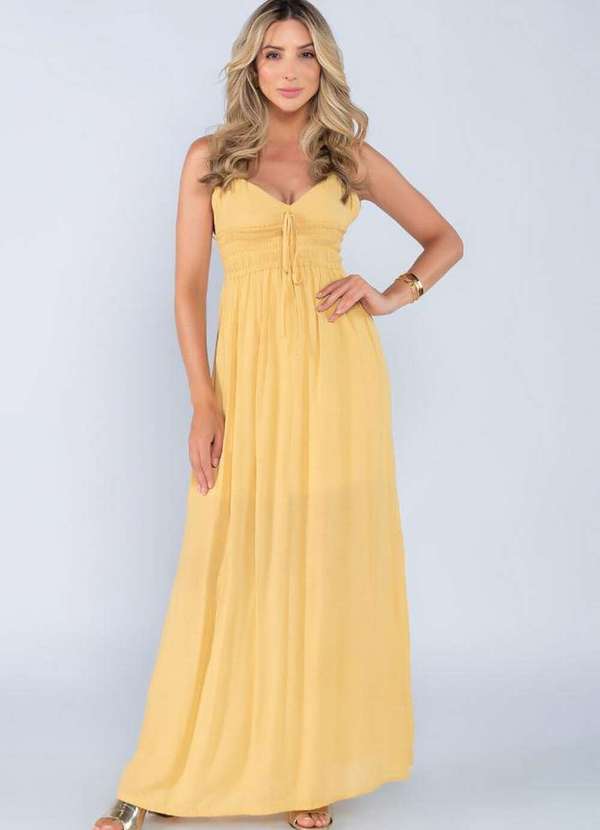 Lamis - Vestido Longo Viscose Elastico Cintura Mostarda