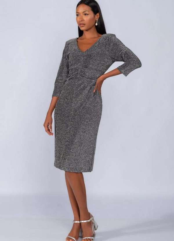 Lamis - Vestido Lurex Manga 3/4 com Recorte Preto