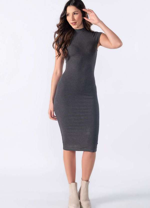 Lamis - Vestido Malha Midi Gola Alta Cinza Escuro