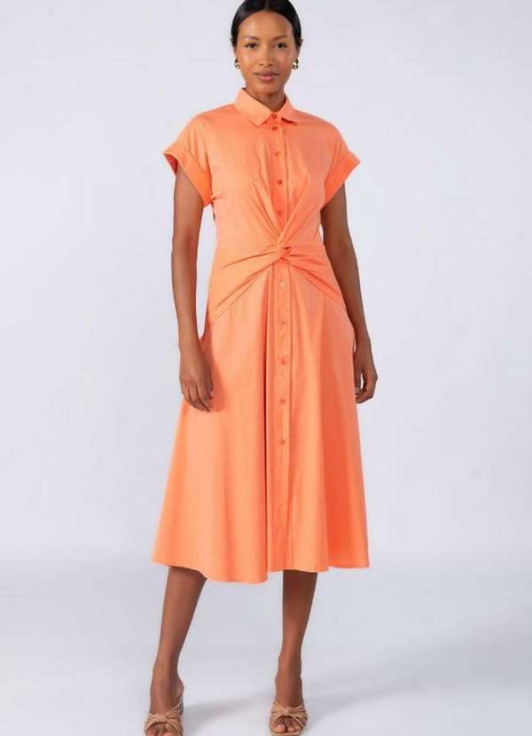 Lamis - Vestido Midi Algodao Detalhe na Cintura Laranja