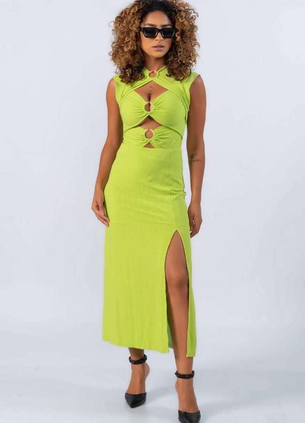 Lamis - Vestido Midi Canelado com Decote Verde