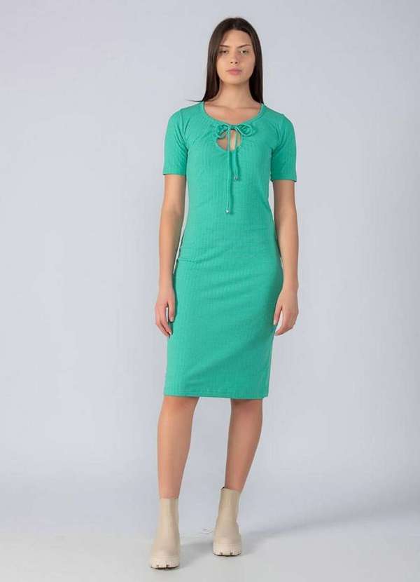 Lamis - Vestido Midi Canelado Franzido Decote Verde