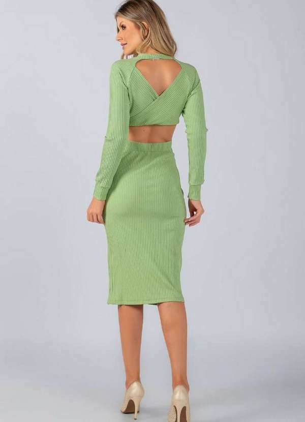Lamis - Vestido Midi Canelado Manga Longa Decote Costas Verde