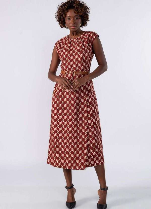 Lamis - Vestido Midi Classico com Pence no Decote Vermelho