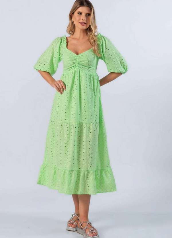 Lamis - Vestido Midi Corte Laise Manga Bufante Verde 2