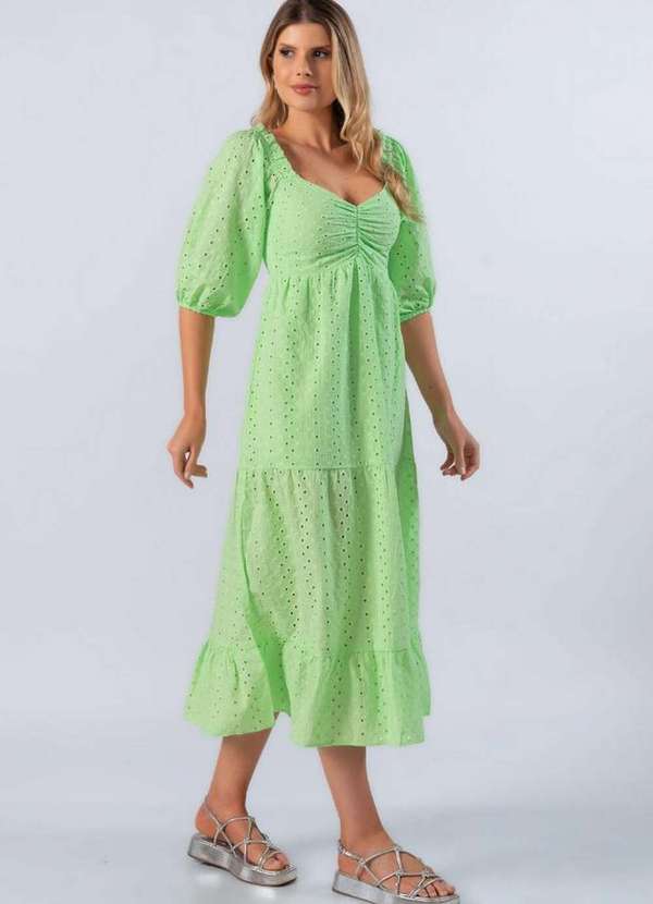 Lamis - Vestido Midi Corte Laise Manga Bufante Verde 3