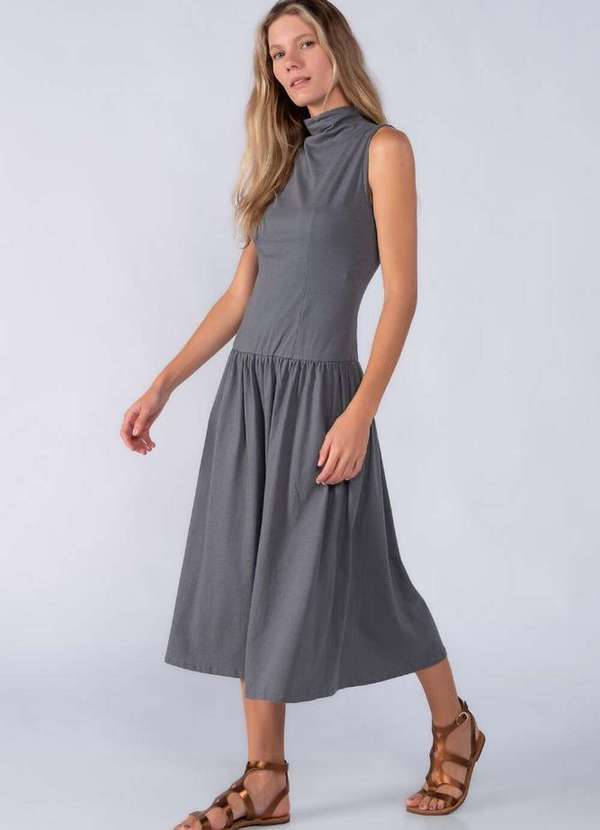 Lamis - Vestido Midi Cotton Gola Alta Cinza