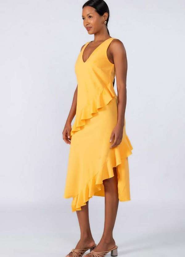 Lamis - Vestido Midi Crepe com Babados Amarelo 2