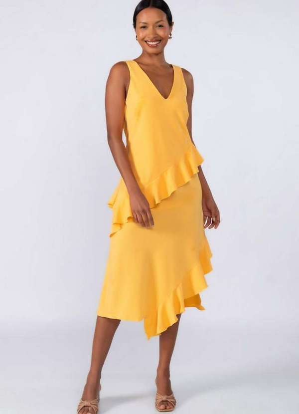 Lamis - Vestido Midi Crepe com Babados Amarelo 3