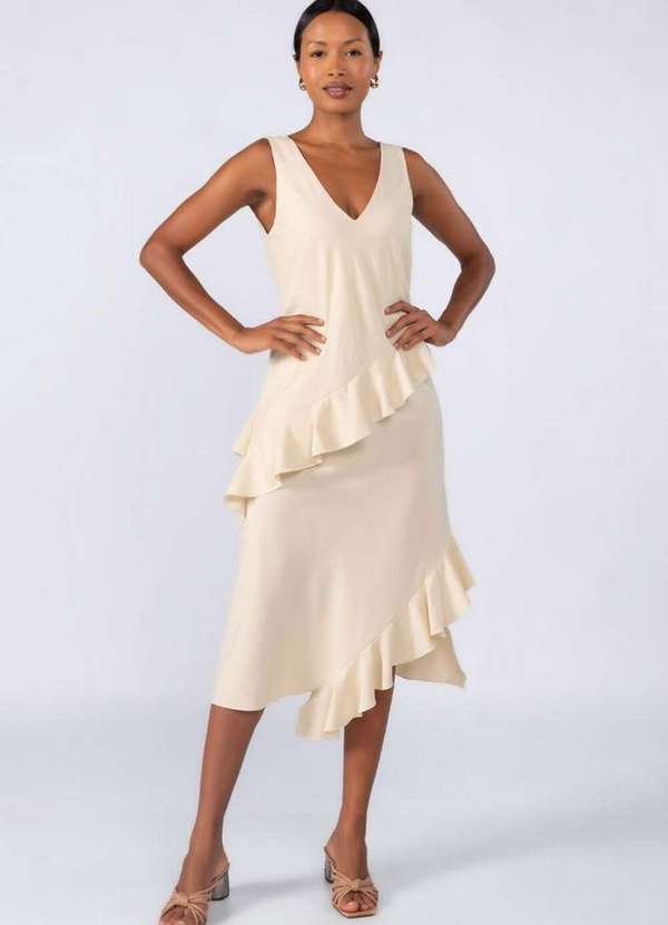 Lamis - Vestido Midi Crepe com Babados Creme