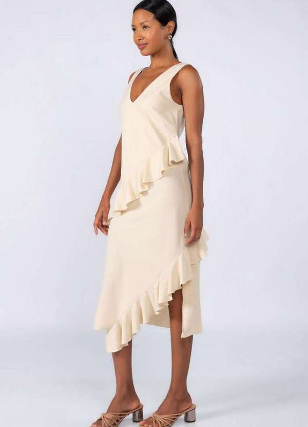 Lamis - Vestido Midi Crepe com Babados Creme 2