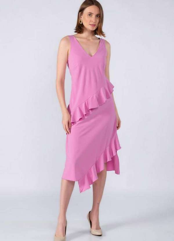 Lamis - Vestido Midi Crepe com Babados Lilas