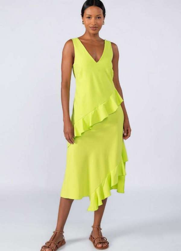 Lamis - Vestido Midi Crepe com Babados Verde
