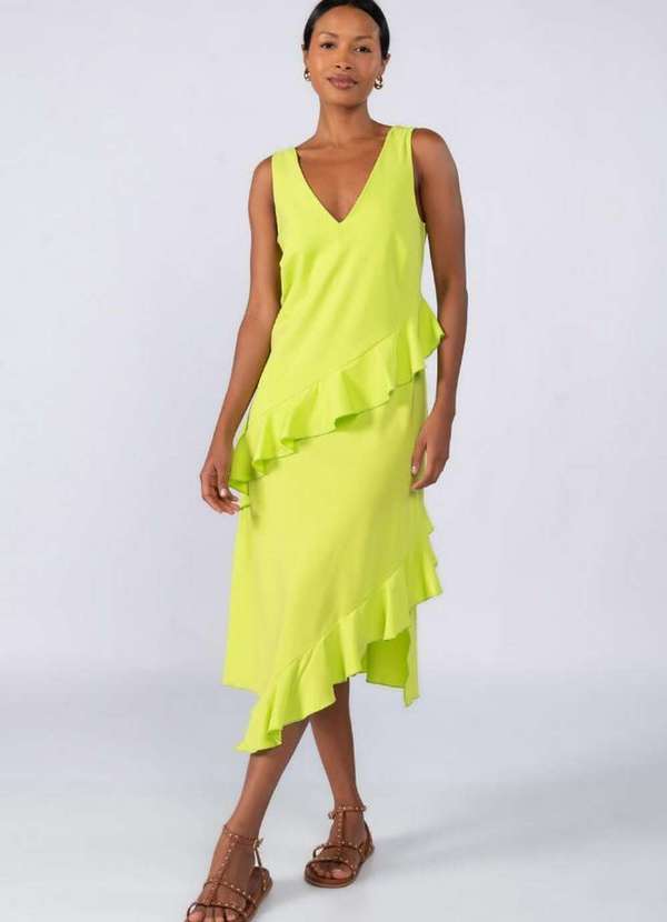 Lamis - Vestido Midi Crepe com Babados Verde 2