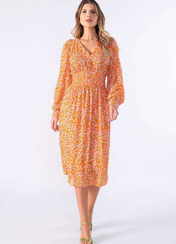 Lamis - Vestido Midi de Manga Longa e Pregas na Cintura Laranja 2