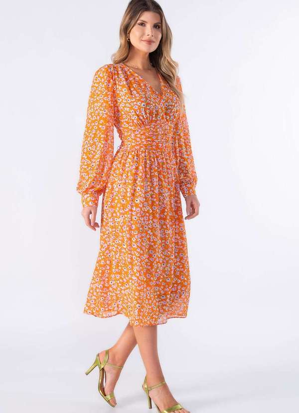 Lamis - Vestido Midi de Manga Longa e Pregas na Cintura Laranja 3