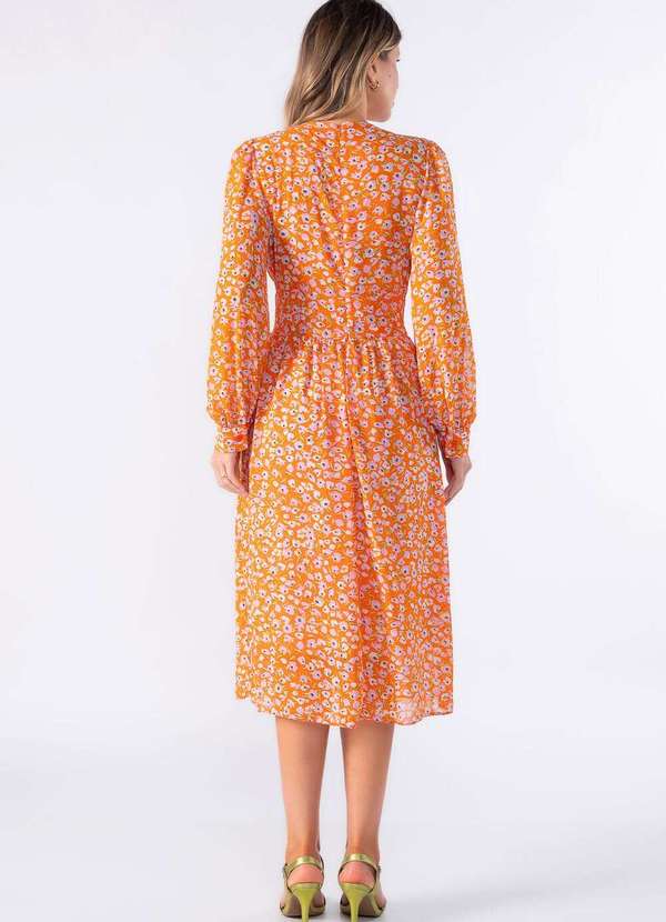 Lamis - Vestido Midi de Manga Longa e Pregas na Cintura Laranja 4