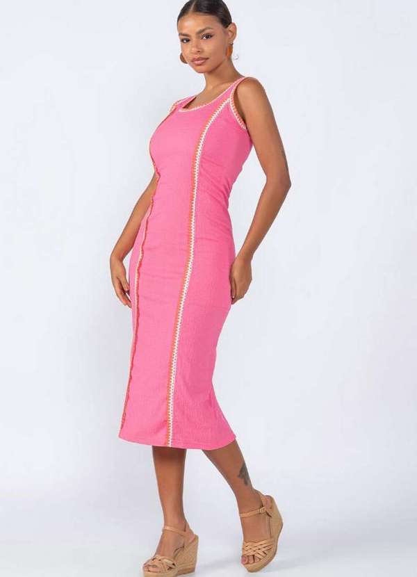 Lamis - Vestido Midi Detalhe Croche Rosa