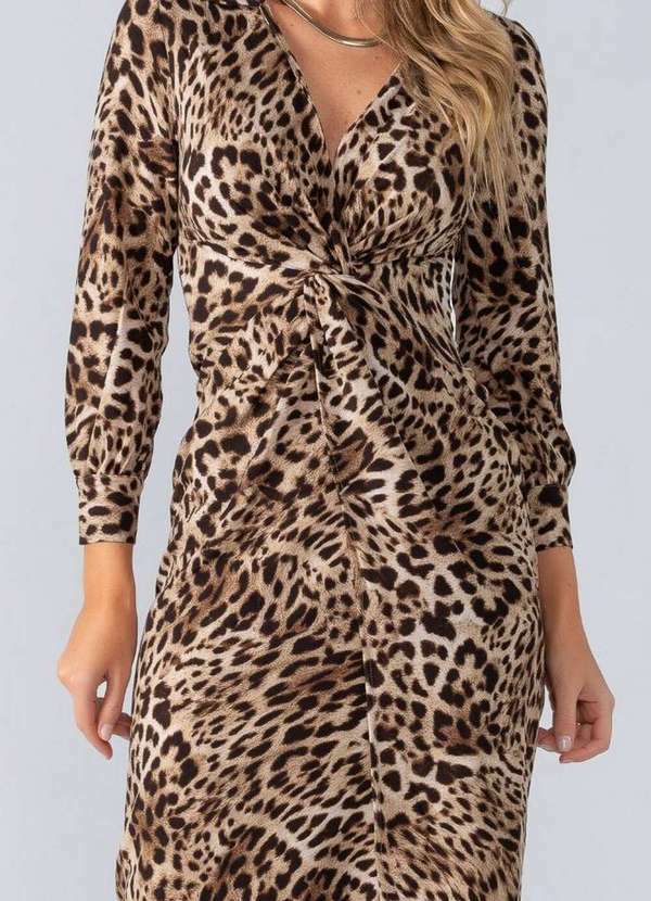 Lamis - Vestido Midi Drapeado Manga 7/8 Animal Print Marrom